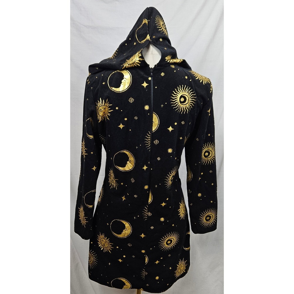 Underwraps Celestial Sun Moon Gold Metallic Hooded Mini Dress Black Sm Witchy - Picture 2 of 8